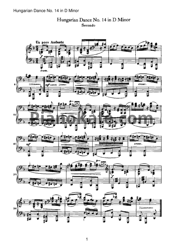 Ноты Иоганнес Брамс - Венгерский танец №14 ре-минор (для фортепиано в 4 руки) - PianoKafe.com