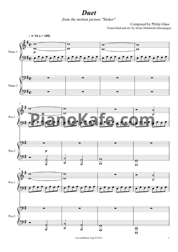 Ноты Philip Glass - Duet - PianoKafe.com
