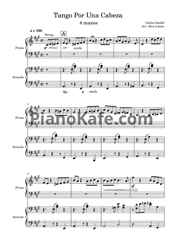 Ноты Carlos Gardel - Por una cabeza (для фортепиано в 4 руки) - PianoKafe.com