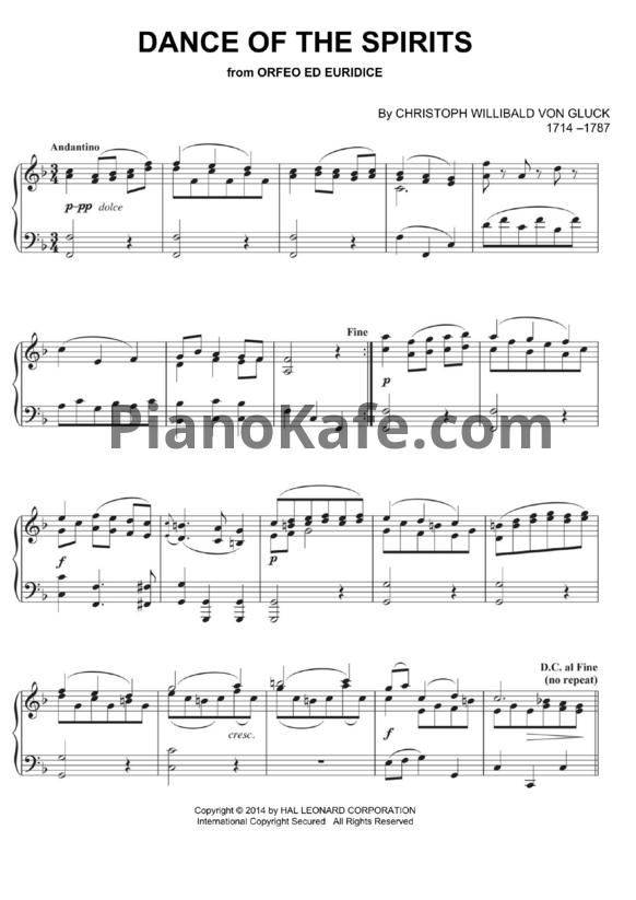 Ноты Кристоф Глюк - Танец блаженных духов - PianoKafe.com