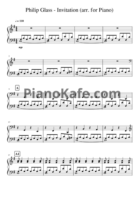 Ноты Philip Glass -  Invitation - PianoKafe.com