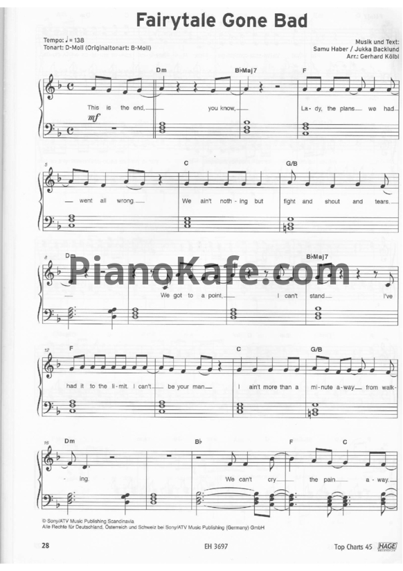 Ноты Sunrise Avenue - Fairytale gone bad - PianoKafe.com