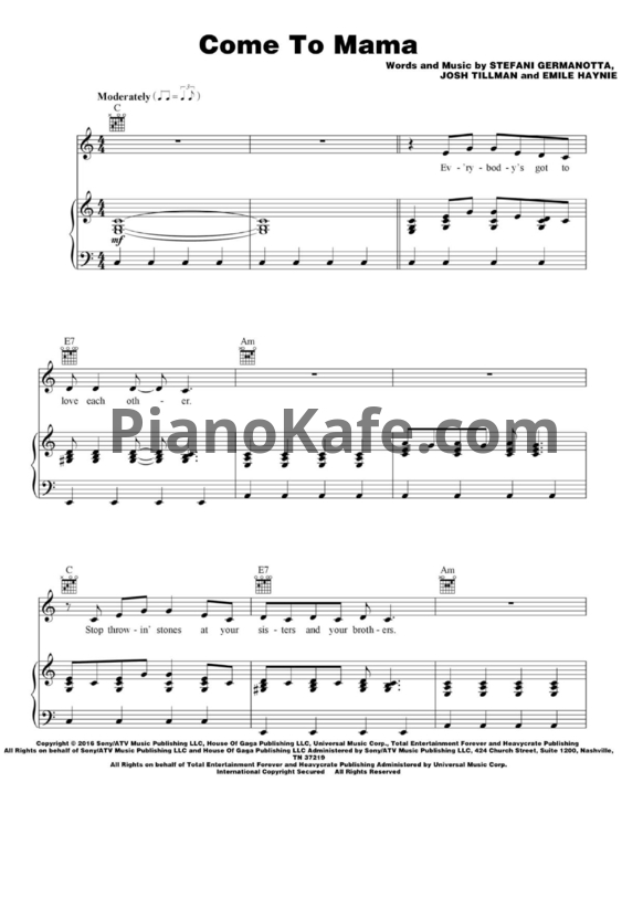 Ноты Lady Gaga - Come to mama (Версия 2) - PianoKafe.com