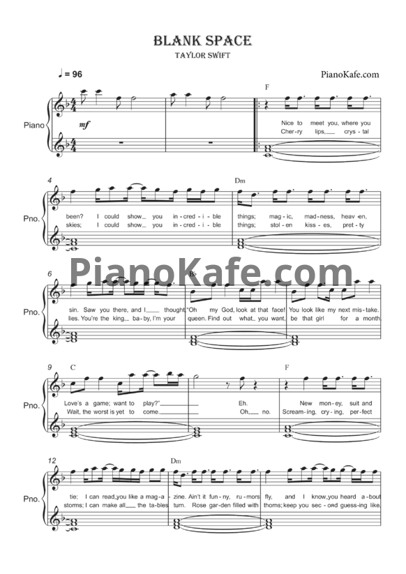 Ноты Taylor Swift - Blank space - PianoKafe.com