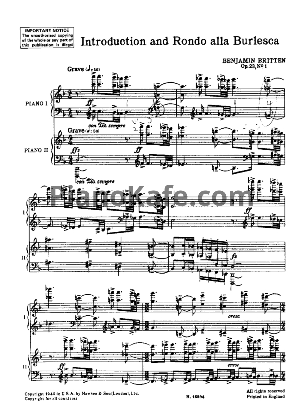 Ноты Б. Бриттен - Интродукция и Рондо алла Бурлеска (Op. 23, №1) для фортепиано в 4 руки - PianoKafe.com