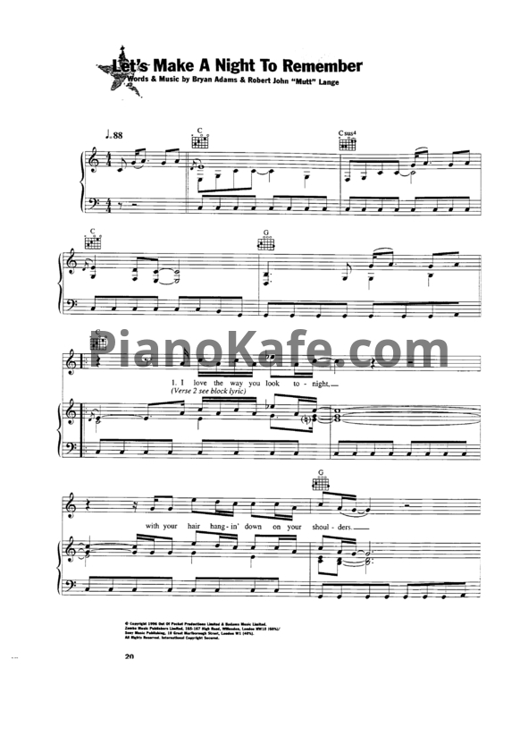 Ноты Bryan Adams - Let's make night to remember - PianoKafe.com
