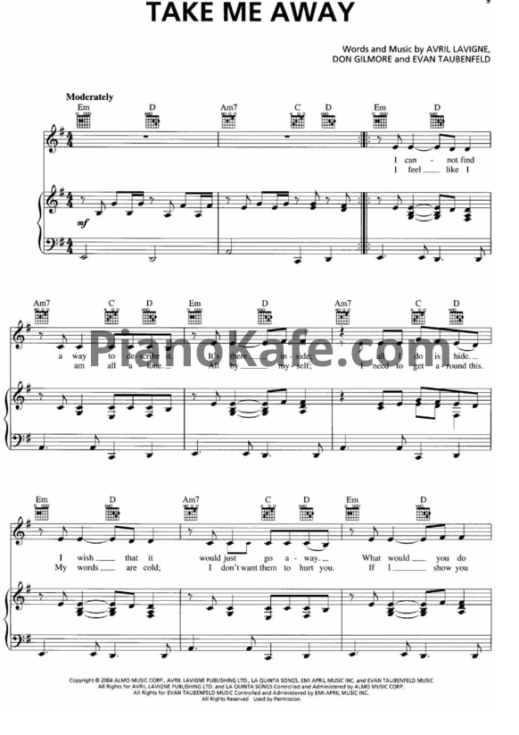 Ноты Avril Lavigne - Take me away - PianoKafe.com