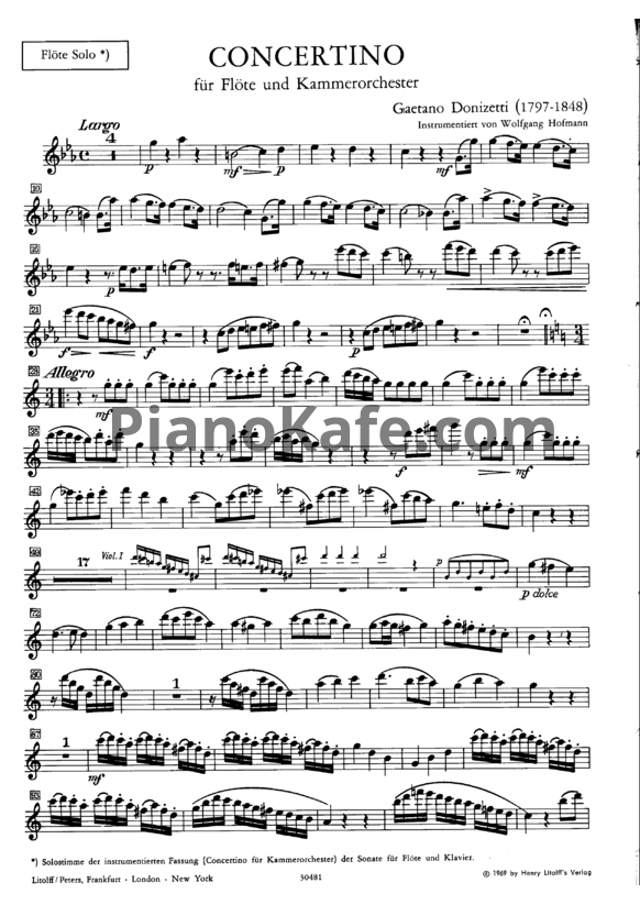 Ноты Gaetano Donizetti - Концертино для флейты и камерного оркестра. Партия флейты - PianoKafe.com