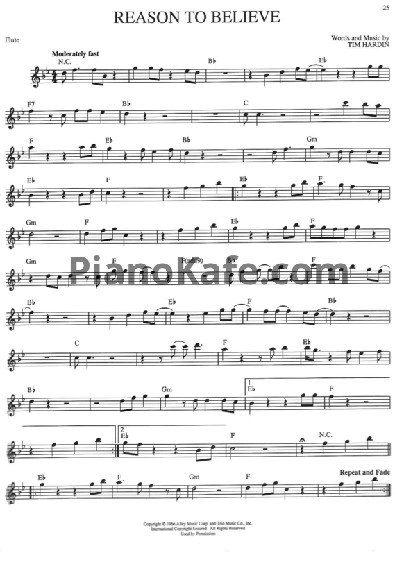 Ноты Tim Hardin - Reason to believe (Переложение для флейты) - PianoKafe.com