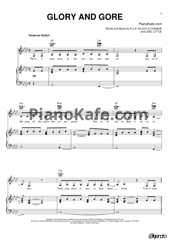 Ноты Lorde - Glory and gore - PianoKafe.com