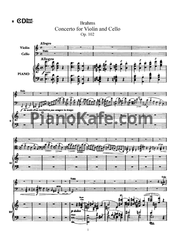 Ноты И. Брамс - Концерт для скрипки и виолончели с оркестром ля минор (Op.102) - PianoKafe.com