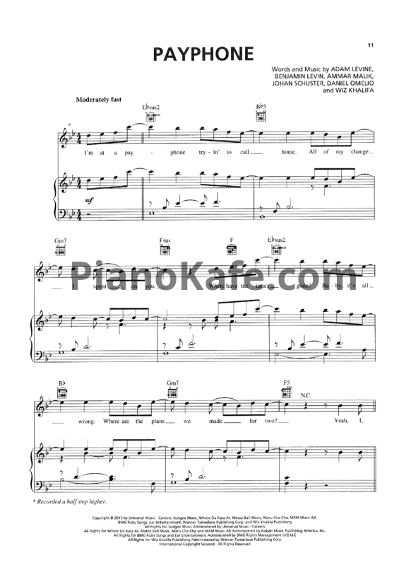 Ноты Maroon 5 feat. Wiz Khalifa - Payphone - PianoKafe.com