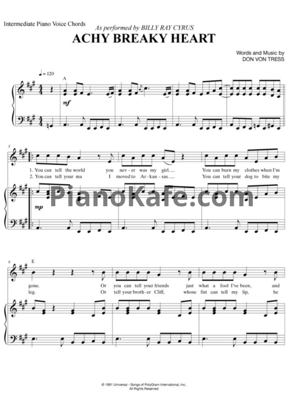 Ноты Billy Ray Cyrus - Achy breaky heart - PianoKafe.com
