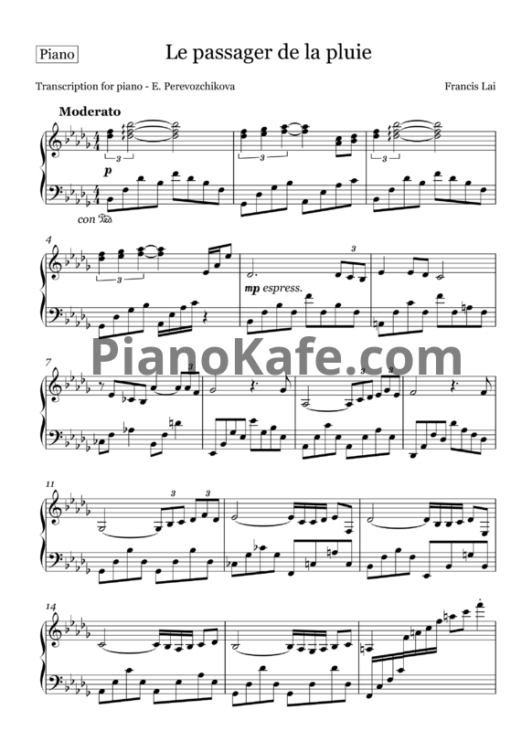 Ноты Francis Lai - Le passager de la pluie - PianoKafe.com