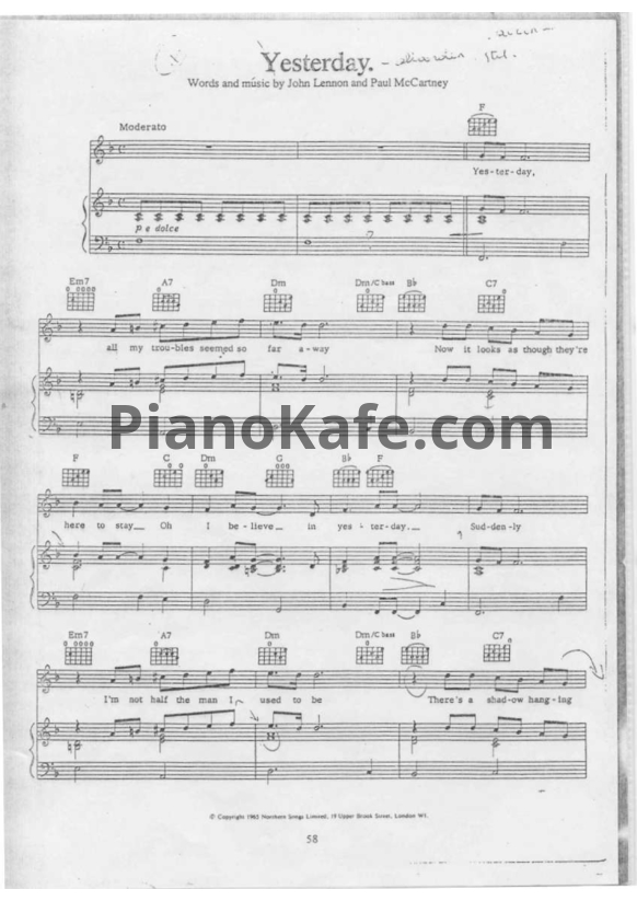 Ноты John Lennon - Yesterday - PianoKafe.com