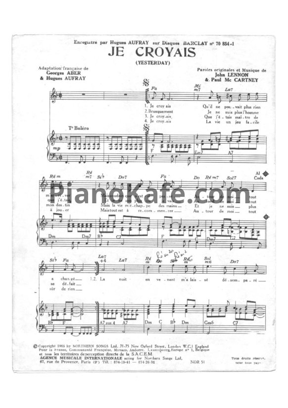 Ноты John Lennon - Je croyais (Yesterday) - PianoKafe.com