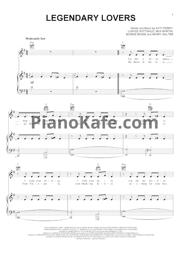 Ноты Katy Perry - Legendary lovers - PianoKafe.com