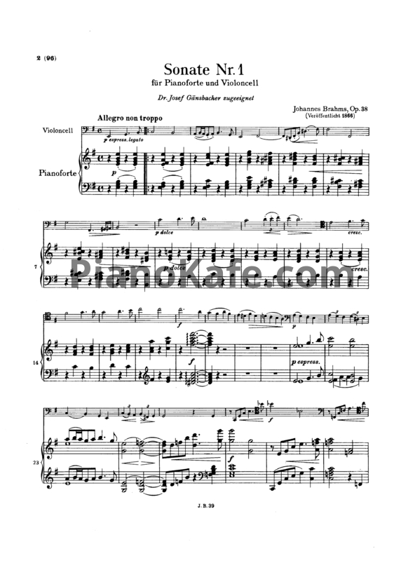Ноты И. Брамс - Соната для виолончели и фортепиано № 1 ми минор (Op. 38) - PianoKafe.com
