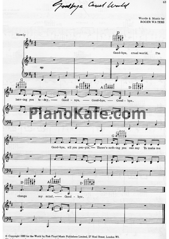 Ноты Pink Floyd - Goodbye cruel world - PianoKafe.com