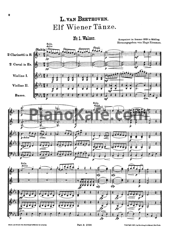Ноты Л. В. Бетховен - 11 Танцев (“MODLINGER TANZE”) для семи струнных и духовых инструментов (WOO 17) - PianoKafe.com