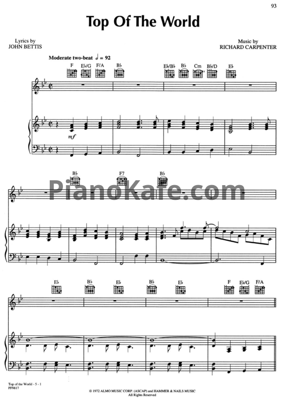 Ноты The Carpenters - Top of the world - PianoKafe.com