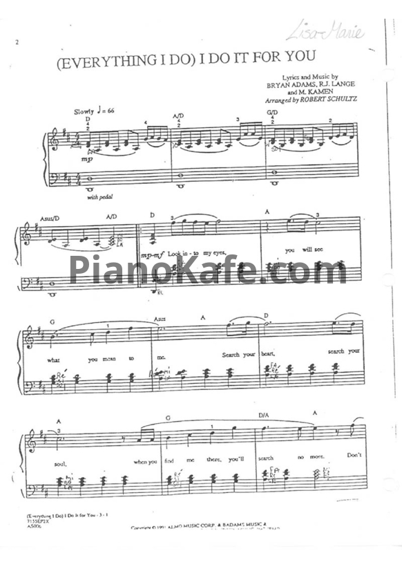 Ноты Bryan Adams - (Everything I do) I'd it for you (Arr. by Robert Schultz) - PianoKafe.com