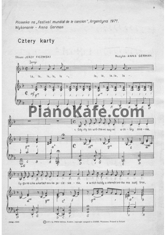 Ноты Анна Герман - Cztery karty - PianoKafe.com