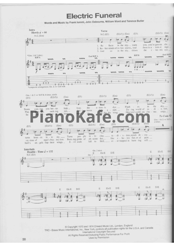 Ноты Black Sabbath - Electric funeral (Guitar tabs & Voice) - PianoKafe.com