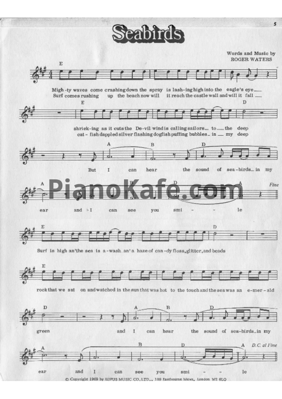 Ноты Pink Floyd - Seabirds (Вокальная партия) - PianoKafe.com