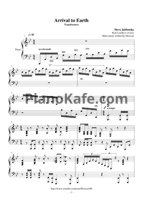 Ноты Steve Jablonsky - Arrival to Earth (Kyle Landry's version) - PianoKafe.com