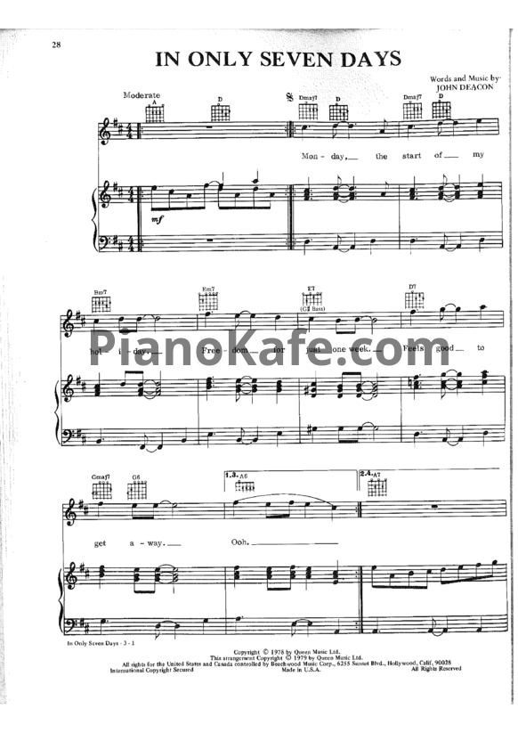 Ноты Queen - In only seven days - PianoKafe.com