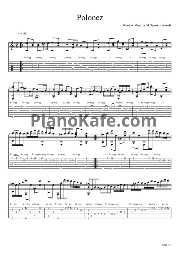 Ноты Михаил Огинский - Полонез (гитара) - PianoKafe.com