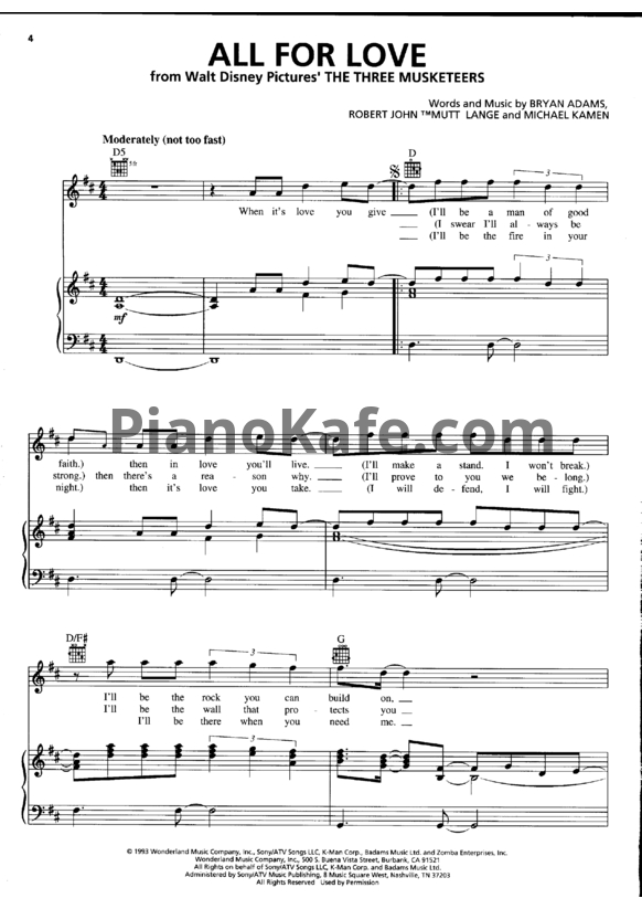 Ноты Bryan Adams, Rod Stewart, Sting - All for Love (Версия 2) - PianoKafe.com