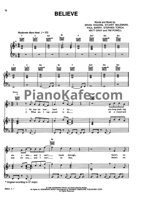 Ноты Cher - Believe (Версия 2) - PianoKafe.com