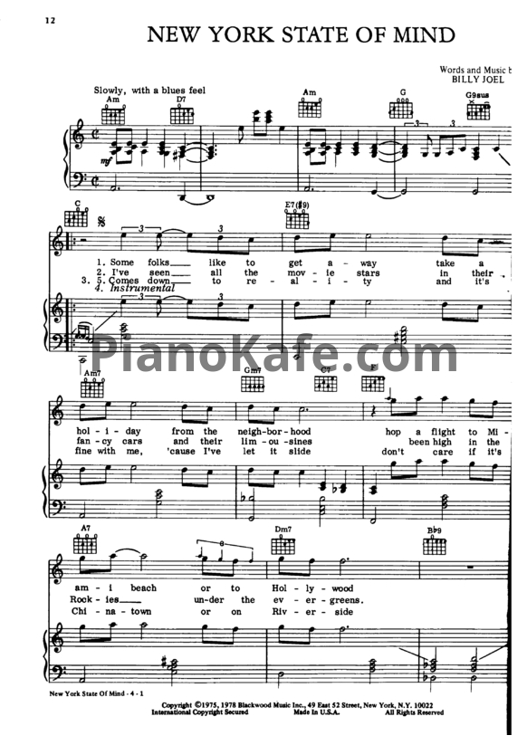 Ноты Billy Joel - New York State of Mind - PianoKafe.com