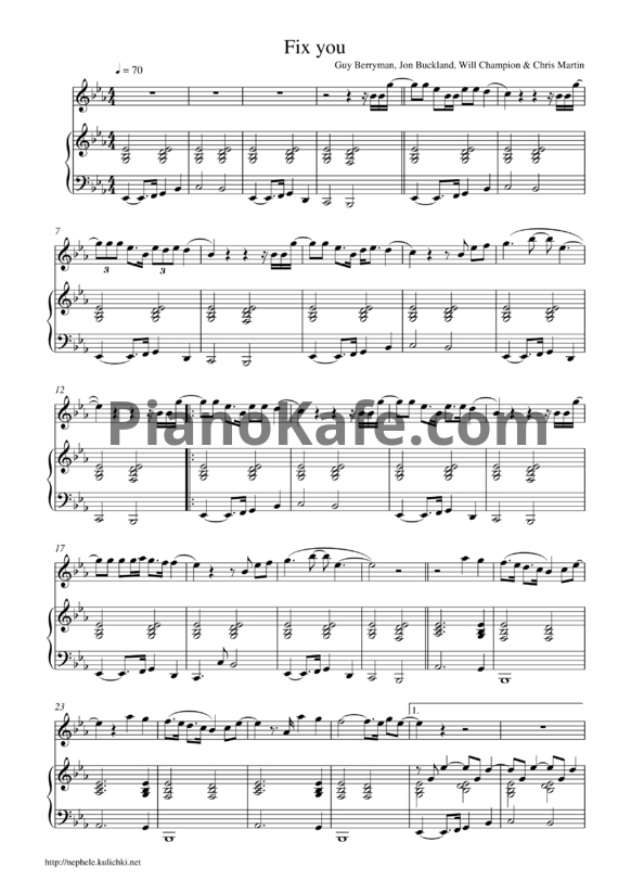 Ноты Coldplay - Fix you (Версия 2) - PianoKafe.com