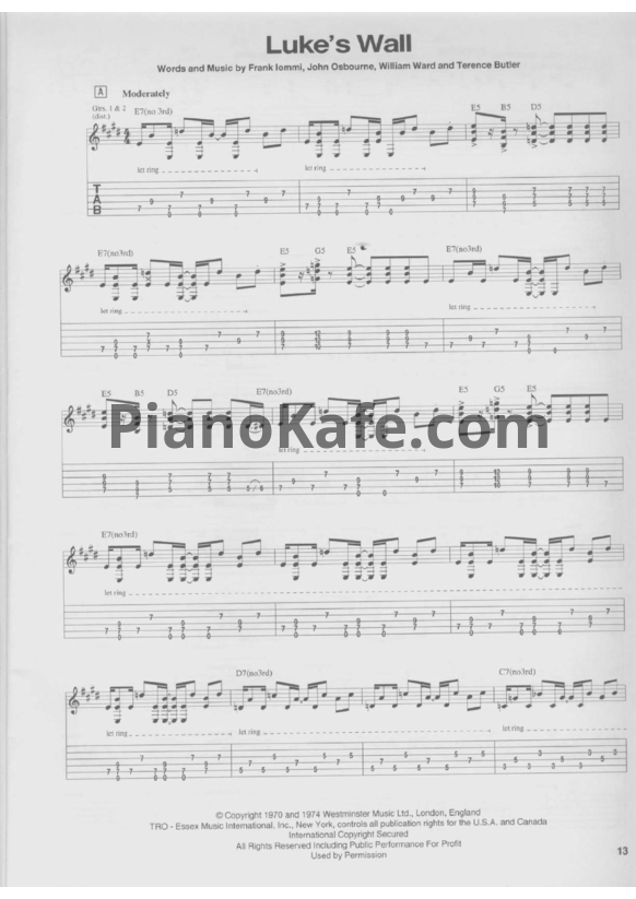 Ноты Black Sabbath - Luke's wall (Guitar tabs) - PianoKafe.com