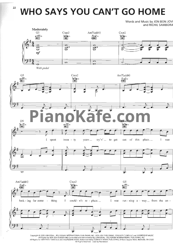 Ноты Bon Jovi - Who says you can't go home - PianoKafe.com