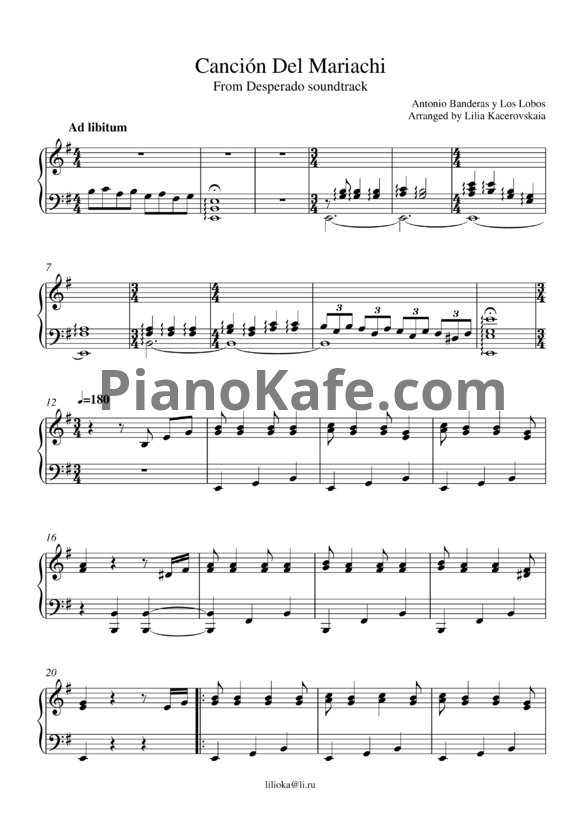 Ноты Antonio Banderas, Los Lobos - Cancion del Mariachi - PianoKafe.com