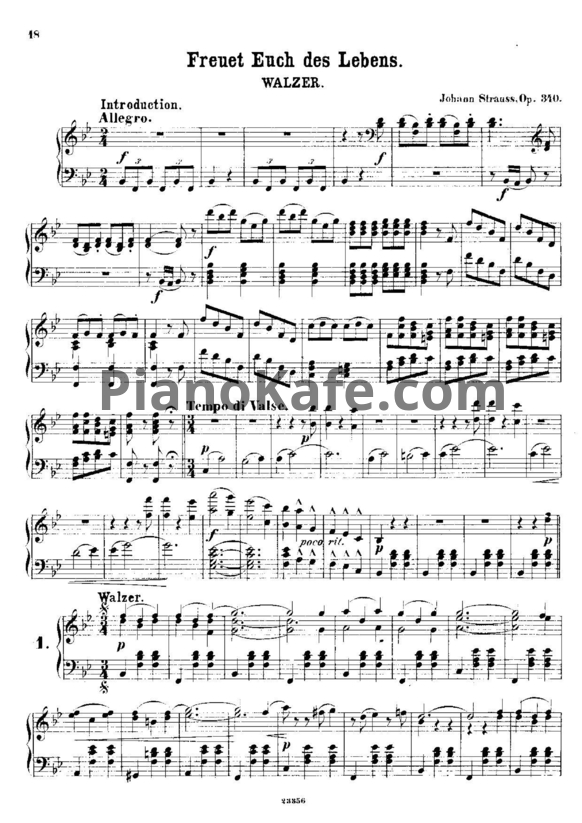 Ноты Иоганн Штраус (сын) - Вальс "Freut euch des Lebens" (Радуйтесь жизни) (Op. 340) - PianoKafe.com