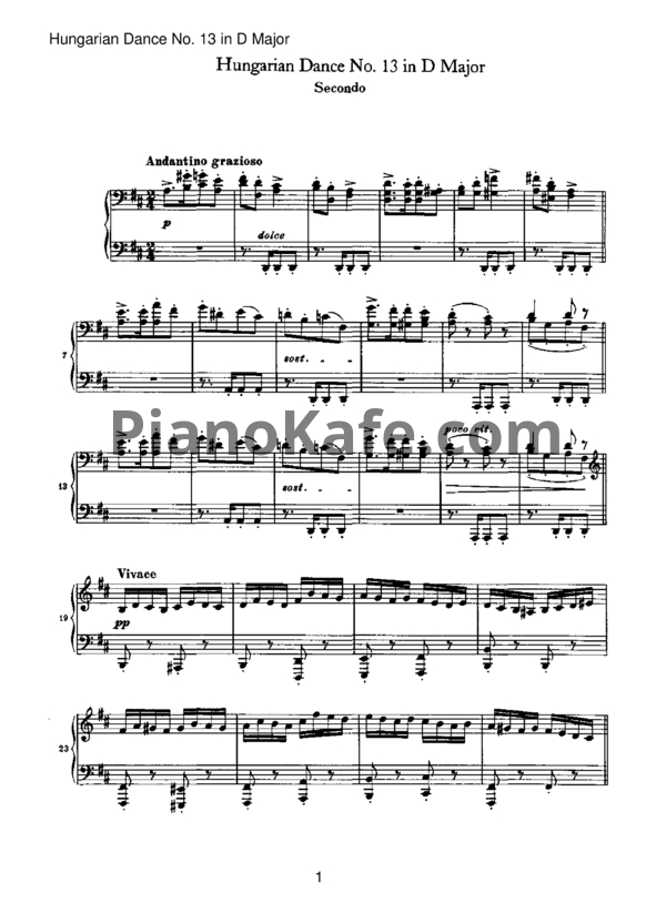 Ноты Иоганнес Брамс - Венгерский танец №13 ре-мажор (для фортепиано в 4 руки) - PianoKafe.com