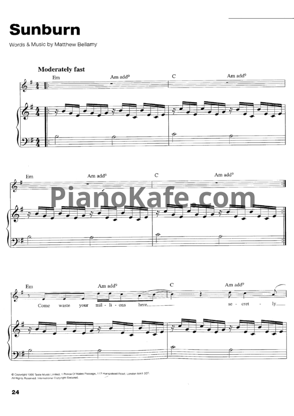 Ноты Muse - Sunburn - PianoKafe.com