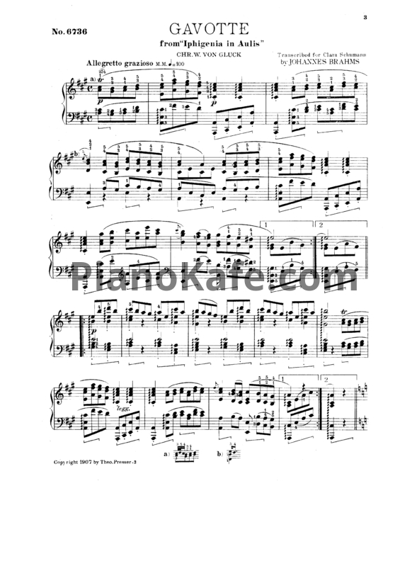 Ноты И. Брамс - Gavotte by Chr. W. Gluck - PianoKafe.com