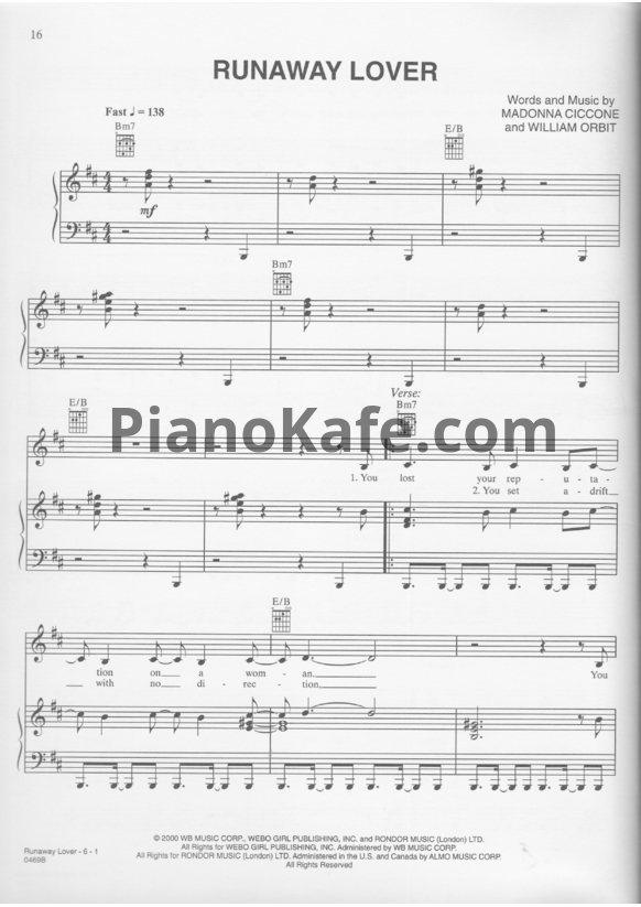 Ноты Madonna - Runaway lover - PianoKafe.com