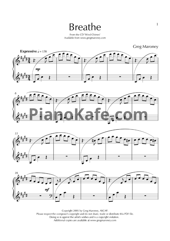 Ноты Greg Maroney - Breathe - PianoKafe.com