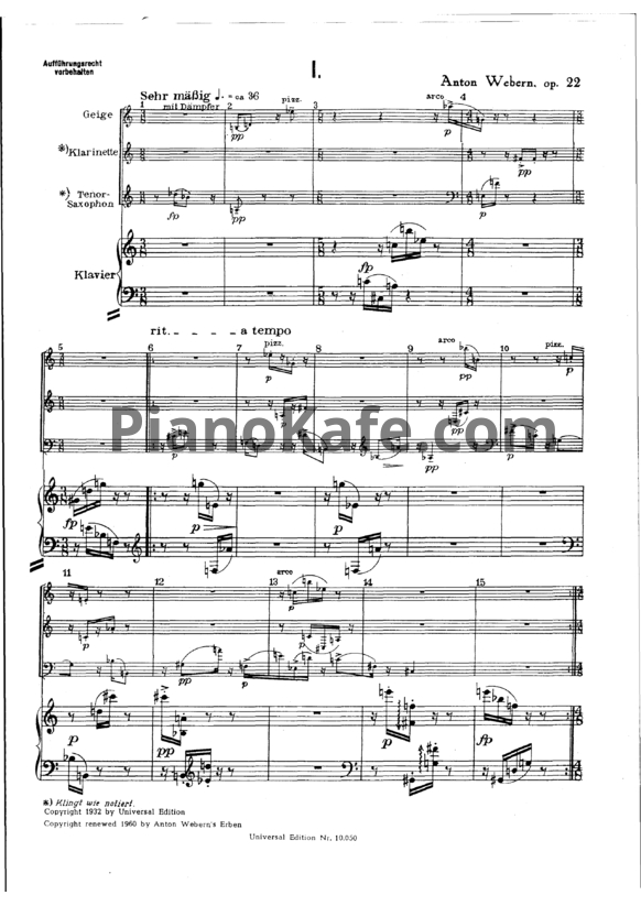 Ноты Антон Веберн - Квартет (Op. 22) - PianoKafe.com