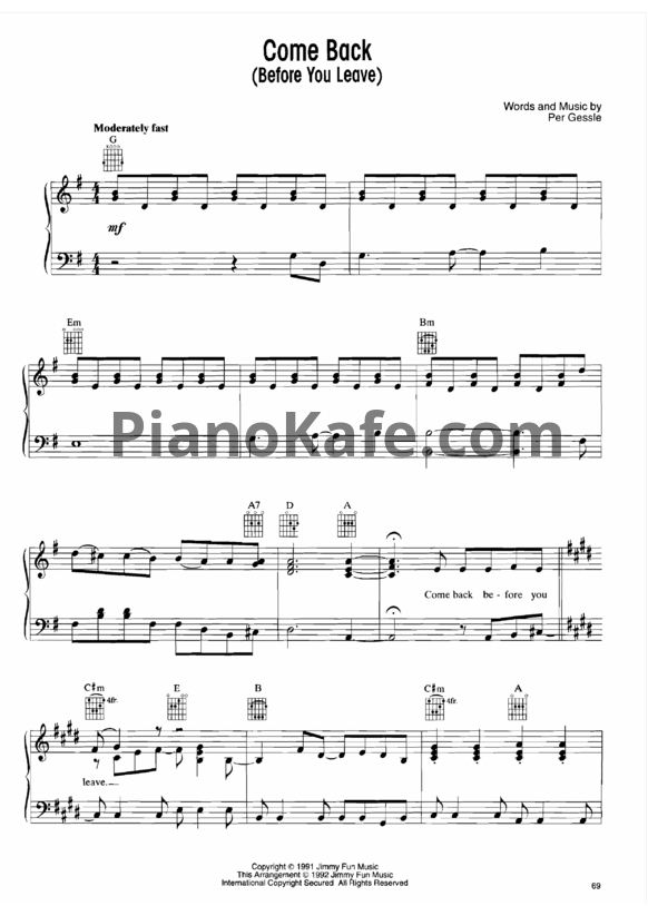 Ноты Roxette - Come back (Before you leave) - PianoKafe.com