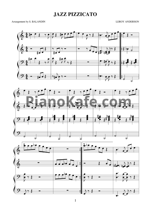 Ноты Leroy Anderson - Jazz pizzicato (для фортепиано в 4 руки) - PianoKafe.com