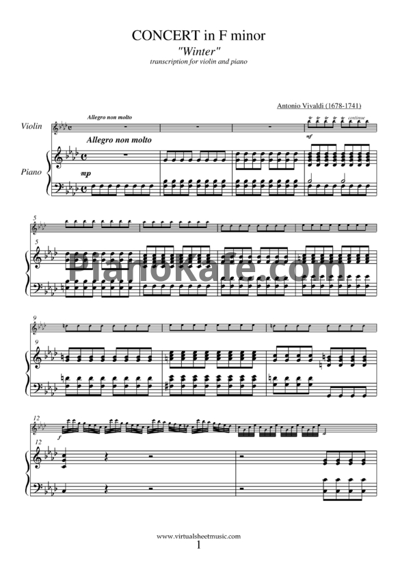 Ноты Антонио Вивальди - Зима. Концерт фа-минор для скрипки и фортепиано (Op. 8 №4) - PianoKafe.com