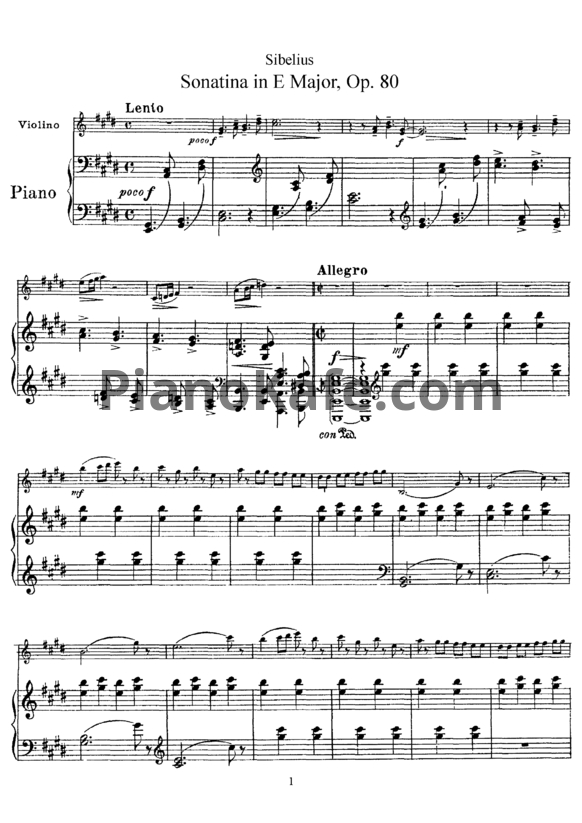 Ноты Ян Сибелиус - Сонатина для скрипки и фортепиано ми мажор (Op. 80) - PianoKafe.com